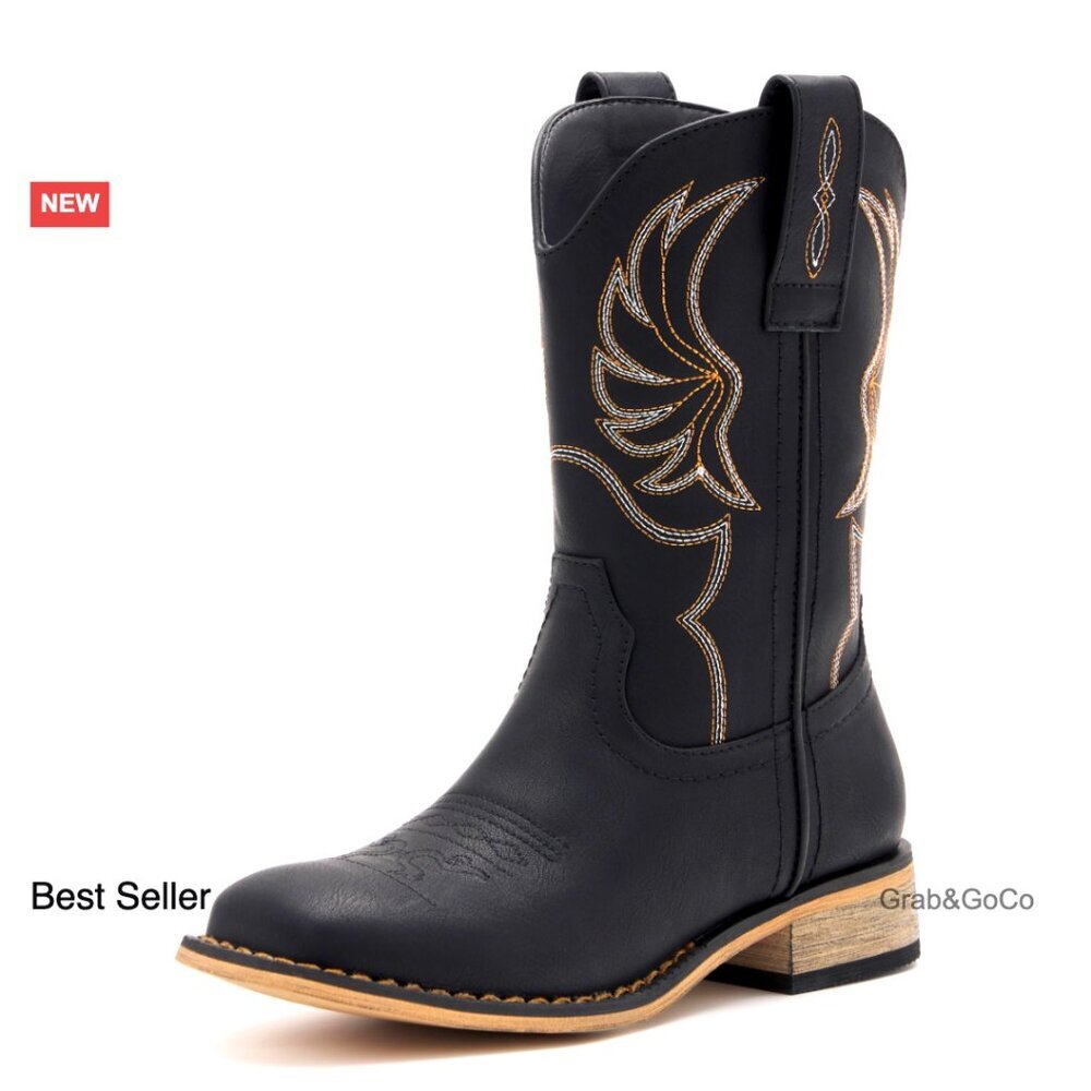 Kids Western Boots Embroidered Cowgirl Cowboy Square Toe Mid Calf Riding Shoes